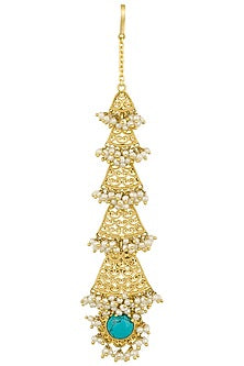 Gold Plated Pearls and Turquoise Stone Maang Tikka