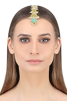 Gold Plated Pearls and Turquoise Stone Maang Tikka