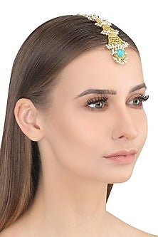 Gold Plated Pearls and Turquoise Stone Maang Tikka