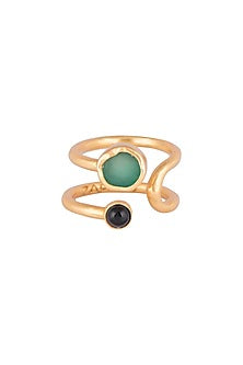 22Kt Gold Plated Green Chalcedony & Black Onyx Adjustable Ring