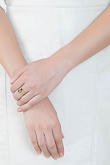 22Kt Gold Plated Green Chalcedony & Black Onyx Adjustable Ring