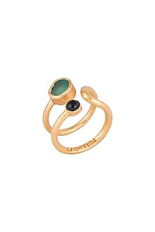 22Kt Gold Plated Green Chalcedony & Black Onyx Adjustable Ring