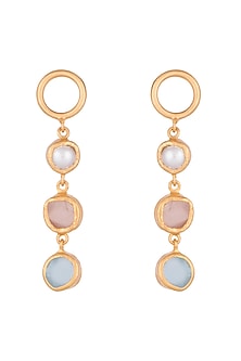 22Kt Gold Plated Baroque Pearl, Rose Quartz & Blue Topaz Earrings