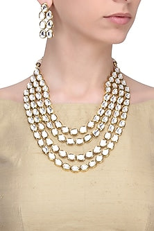 Gold Finish Kundan Polki Layered Necklace Set
