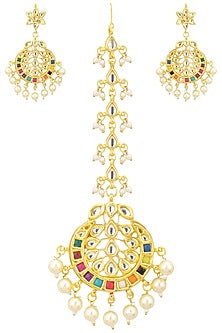 Gold Finish Kundan Polki & Pearl Chandbali Earrings With Maangtikka