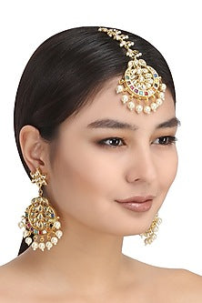 Gold Finish Kundan Polki & Pearl Chandbali Earrings With Maangtikka