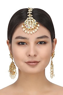 Gold Finish Kundan Polki & Pearl Chandbali Earrings With Maangtikka