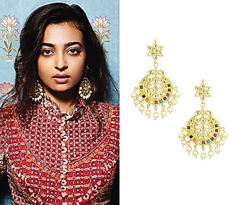 Gold Finish Kundan Polki & Pearl Chandbali Earrings With Maangtikka