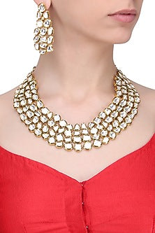 Gold Finish Kundan Polki Layered Choker Necklace Set