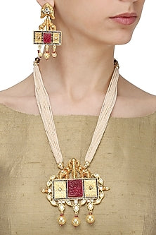 Gold Finish Kundan Polki & Pearl String Long Necklace Set