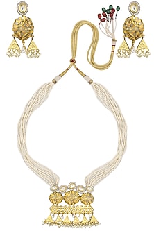 Gold Finish Kundan Polki & Pearl Pendant Necklace Set