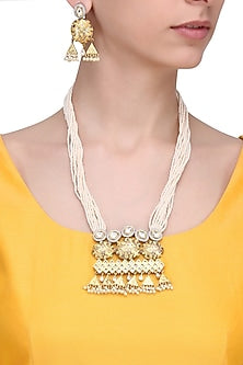 Gold Finish Kundan Polki & Pearl Pendant Necklace Set