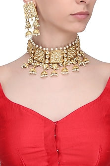 Gold Finish Kundan Polki & Pearl Cutwork Choker Necklace Set