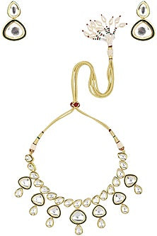 Gold Finish Kundan Polki and Blue Meena Work Necklace Set
