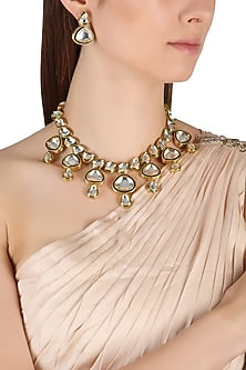 Gold Finish Kundan Polki and Blue Meena Work Necklace Set