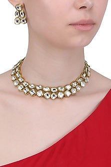 Gold Finish Kundan Polki Choker Necklace Set