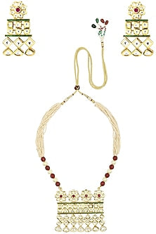 Gold Finish Kundan Polki & Red Stone Floral Long Pendant Necklace Set
