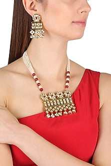 Gold Finish Kundan Polki & Red Stone Floral Long Pendant Necklace Set