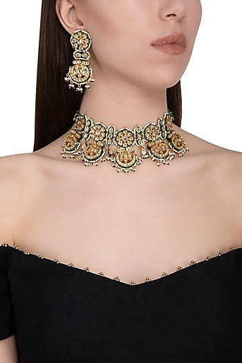 Gold Plated Glass & Pearl Choker Necklace Set
