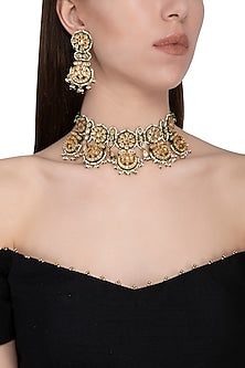 Gold Plated Glass & Pearl Choker Necklace Set