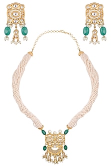 Gold Plated Green Beaded & Pearl Long Pendant Necklace Set