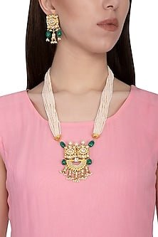 Gold Plated Green Beaded & Pearl Long Pendant Necklace Set