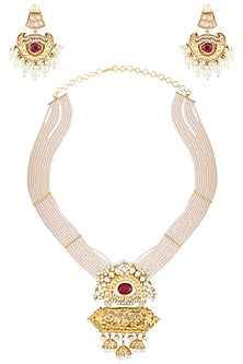 Gold Plated Pearl & Glass Pendant Long Necklace Set