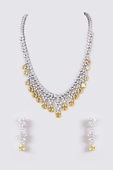 White Finish Faux Diamond & Yellow Stone Long Necklace Set