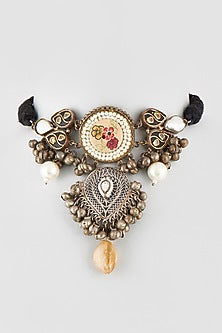 Oxidised Finish Kundan Polki & Beige Stone Choker Necklace