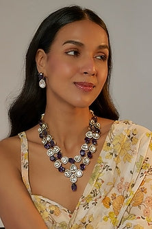 Black Rhodium Finish Amethyst & Kundan Polki Layered Necklace Set