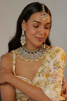 Black Rhodium Finish Kundan Polki & Pearl Drop Necklace Set