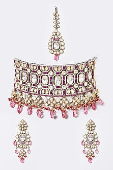 Two Tone Finish Kundan Polki & Pearl Choker Necklace Set