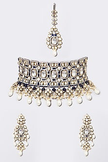 Two Tone Finish Kundan Polki & Pearl Choker Necklace Set