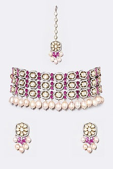 Two Tone Finish Kundan Polki & Pearl Choker Necklace Set