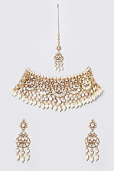 Gold Finish Kundan Polki & Pearl Choker Necklace Set