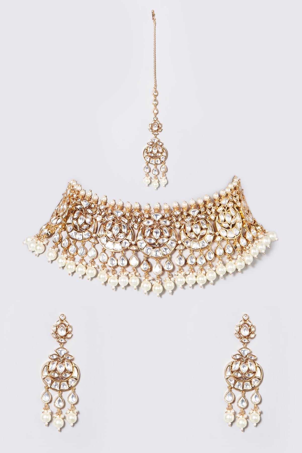 Gold Finish Kundan Polki & Pearl Choker Necklace Set