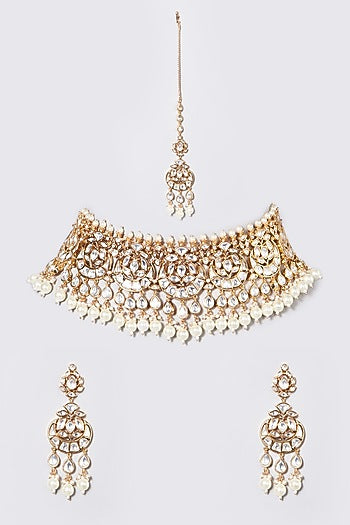 Gold Finish Kundan Polki & Pearl Choker Necklace Set
