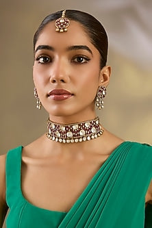 Two Tone Finish Kundan Polki & Pink Stone Choker Necklace Set
