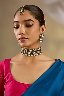 Two Tone Finish Kundan Polki & Green Stone Choker Necklace Set