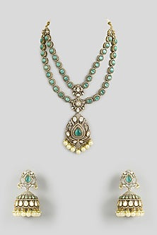 Two Tone Finish Kundan Polki & Green Stone Long Layered Necklace Set
