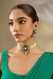 Two Tone Finish Kundan Polki & Blue Stone Choker Necklace Set