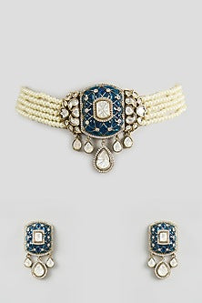 Two Tone Finish Kundan Polki & Blue Stone Choker Necklace Set