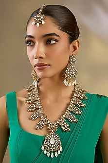 Two Tone Finish Uncut Kundan Polki & Pearl Drop Long Necklace Set