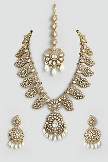 Two Tone Finish Uncut Kundan Polki & Pearl Drop Long Necklace Set