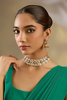 Gold Finish Kundan Polki & Red Stone Choker Necklace Set