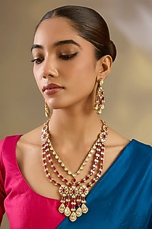 Gold Finish Moissanite Stone & Red Stone Long Necklace Set