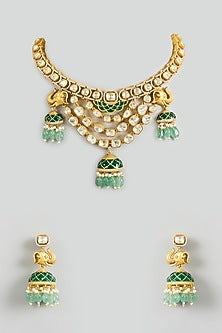 Gold Finish Moissanite Stone Green Enameled Temple Necklace