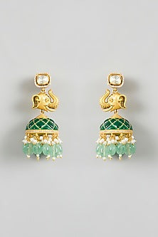 Gold Finish Moissanite Stone Green Enameled Temple Necklace