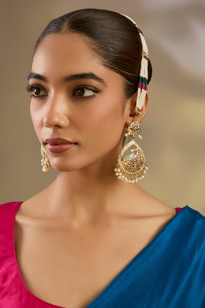 Gold Finish Multi-Colored Jadau Stone Dangler Earrings