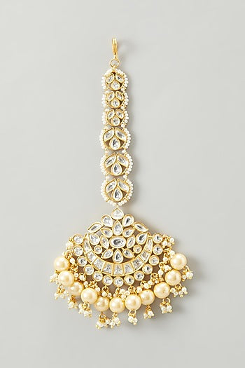Gold Finish Kundan Polki & Pearl Maangtikka